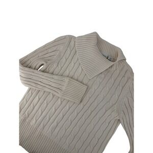 Liz Claiborne Lizsport Cream Cable Knit Sweater Collar Fisherman Coastal Preppy